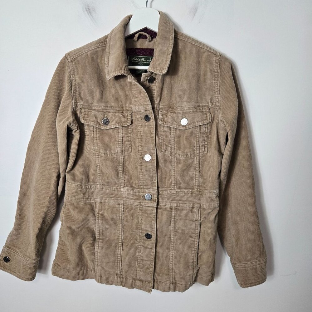 Eddie Bauer Women's Size S Petite Tan Corduroy Button Front  Jacket Flip Cuffs